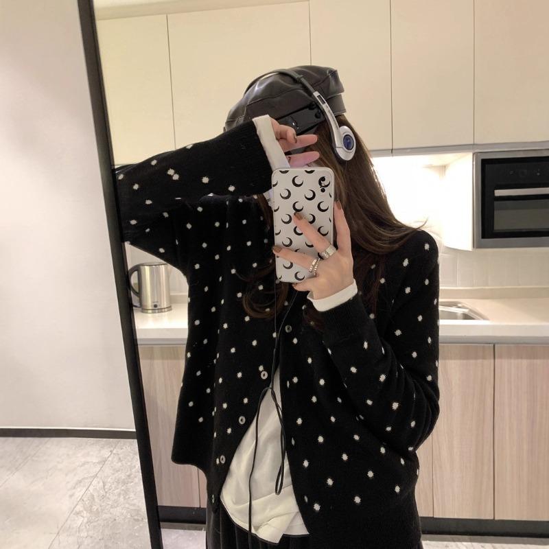 Polka Dot Knitted Cardigan Women's New Autumn and Winter Stacked Wear Design Sense Niche and Thin Long-sleeved Sweater Jacket
