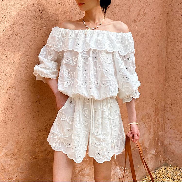 French Riviera One-Shoulder Embroidered Long Sleeve Top & Hollow-Out Shorts for Women - Spring/Summer Collection