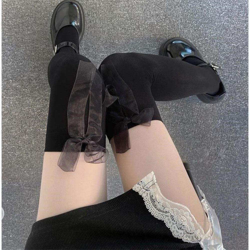 Slim Black Silk Sweet Cute Sexy Knee Socks High Thigh Socks Lolita Bow JK Stockings Women