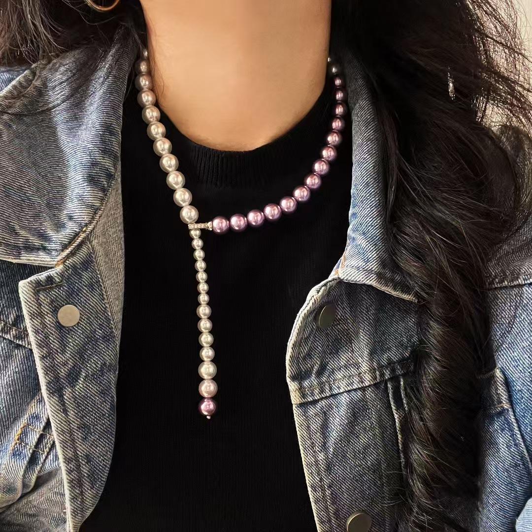 Vintage High Gloss Artificial Crystal Pearl Gradual Change Purple Cold White Pearl Double Necklace Collarbone Chain