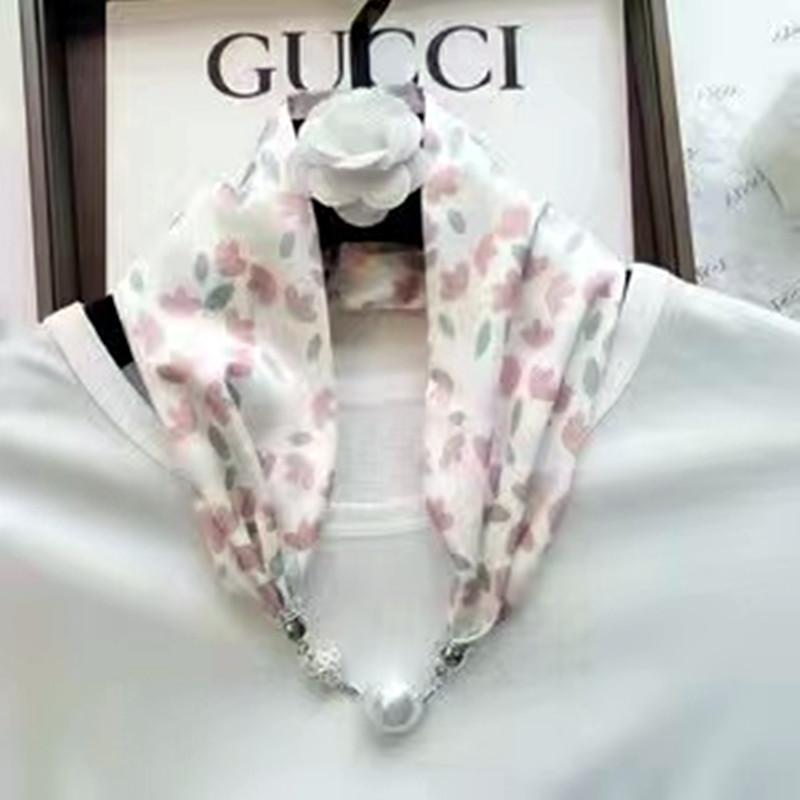 Live Season Magnet Buckle Silk Scarf Women'S Pearl Necklace Long Silk Scarf Headband Decorative Small Scarf