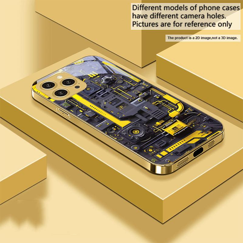 Yellow circuit board For IPhone 16 16Pro Max 15 P ro 14 13 Plus 12 Mini 11Pro Max XS Max XR Golden tempered glass phone case