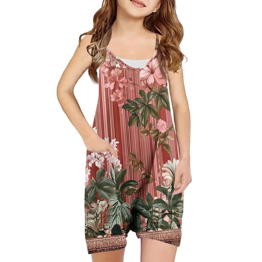 Girls' Sleeveless Romper - Casual Spaghetti Strap Jumpsuit With Pockets