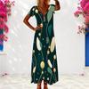 Women Plus Size V Neck Short Sleeve Black Printed Maxi Dress