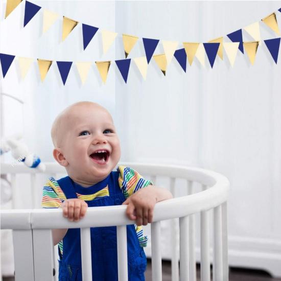 30Ft Navy Blue Gold and Beige Party Decorations Royal Blue Gold Triangle Flag Pennant Banner Bunting for Graduation Birthday Wedding Bridal Shower