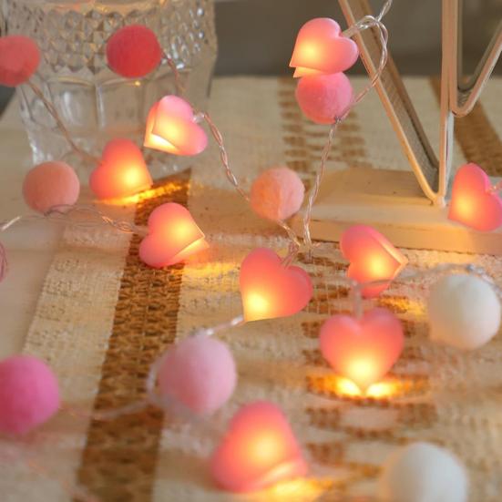 LED Pom Poms Fairy String Lights with 20 Pink Heart LEDs Battery Operated Romantic Garland Lights