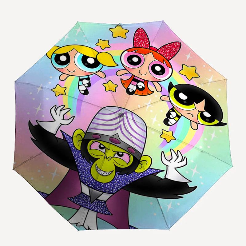 1pc Powerpuff Girls Automatic Opening Umbrella - Portable Tri-Fold Design with 8-Bone Iron Frame, Outdoor Umbrella for Fans, Travelers, Daily Use, Gif