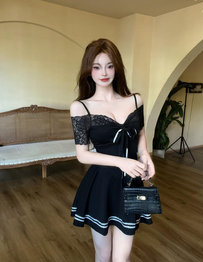 Sexy lace splicing waist pendulum new bow off-the-shoulder dress nightclub women's fashion skirt