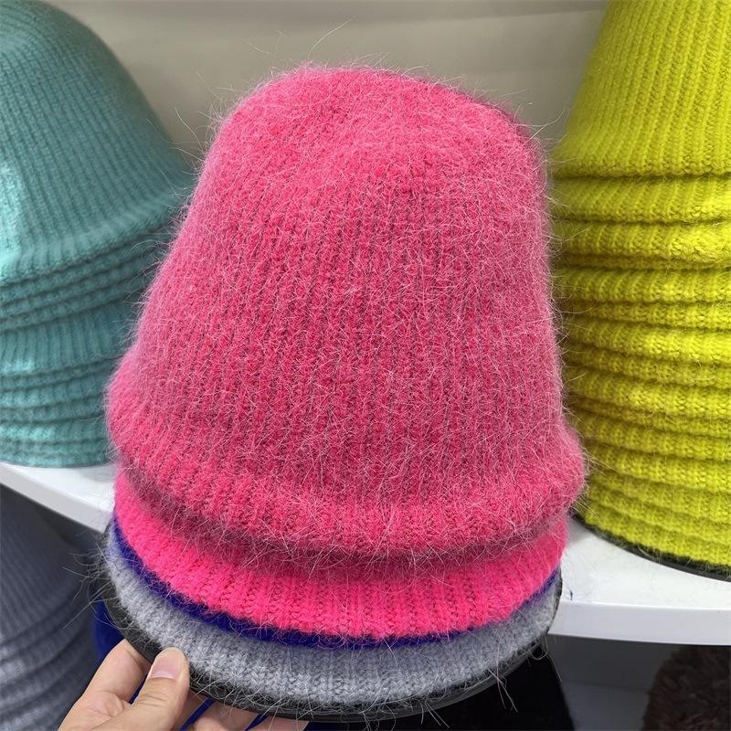 

Rabbit hair blended wool knitted vertical striped bucket hat women s autumn and winter warm solid color literary fisherman hat M（56-58cm）