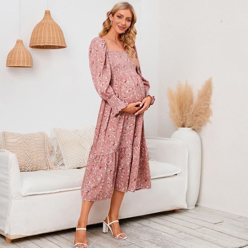 YYFS Women's Fashion Spring Fall Flower Pattern Print Long Sleeve Square Collar Loose Waistline Casual Dresses