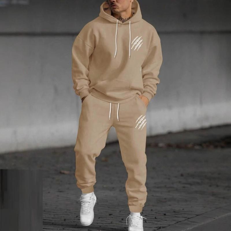 Mens Winter Hooded Sweatshirt Pants Set With Animal Paw Print Sporty Casual Streetwear