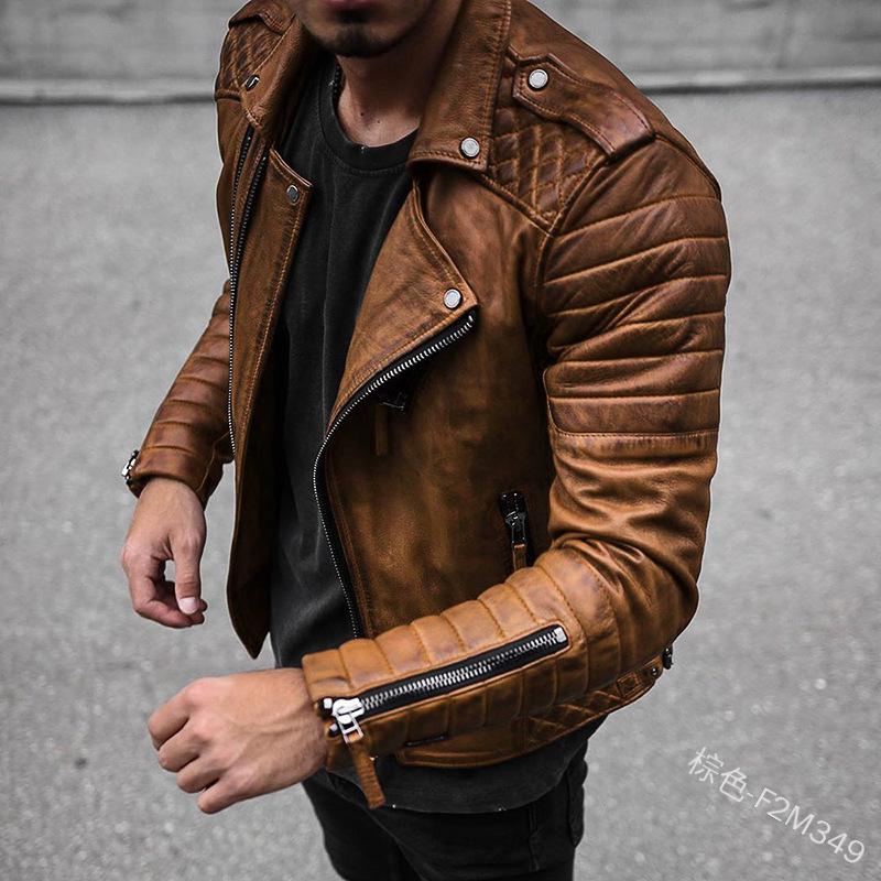 European Fashion Slim Lapel Windproof Men's Motorcycle Leather Jacket for Spring and Autumn