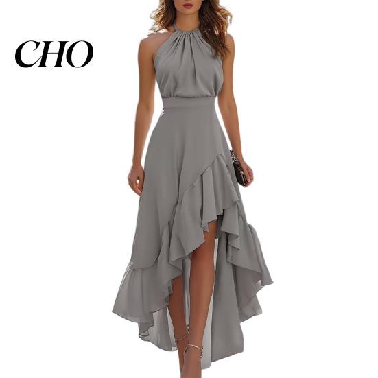 Corded Waist Dress Women s Layered Ruffle Hem Dress, Halter Sleeveless Party Dramatic Cocktail Asymmetrical High Low Flowy Evening Draped Silhouette XL
