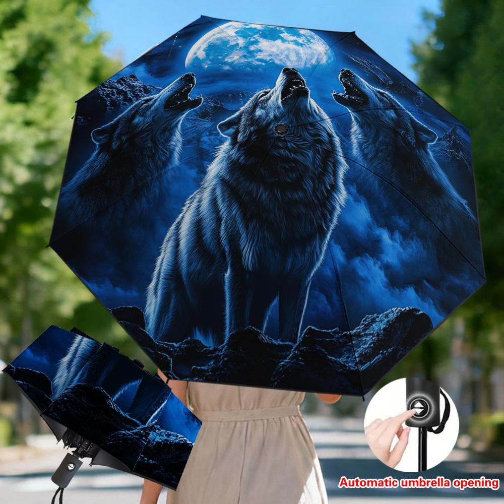 

1pc Howling Wolves Under Moonlight Automatic Umbrella with Wolf & Full moon Print - Automatic Open/Close, 8-Rib Reinforced Fra (as the picture,Iron&8K)