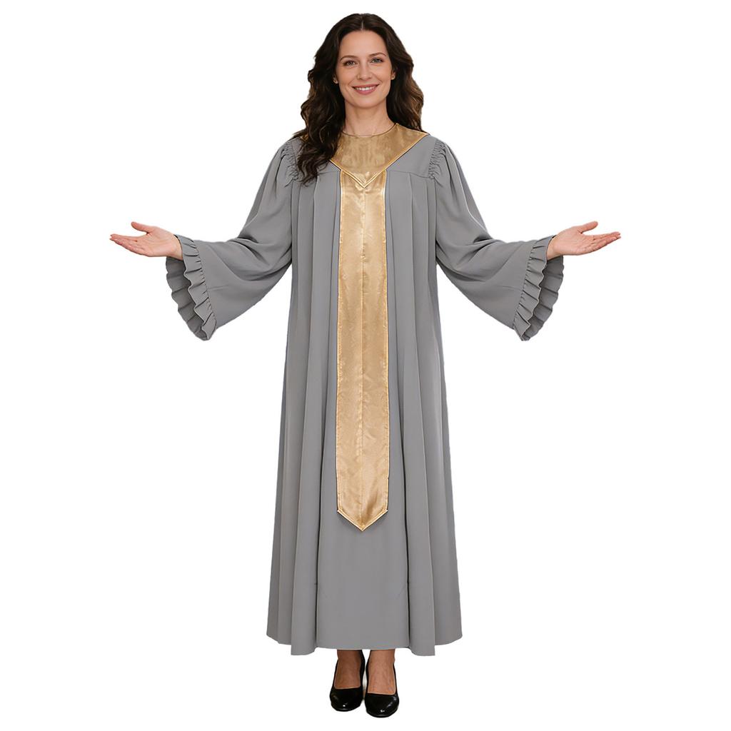 S-XXL Women Choir Robe Flared Long Sleeve Ruffled Trim Color Block Sash Long Priest Cassock for Church Activities