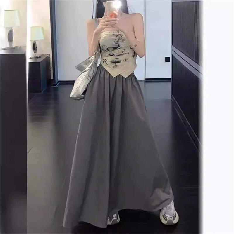 Women Retro Pockets A Line Long Skirt Ladies Casual Loose Elastic High Waist Midi Skirt Spring Summer Skirt