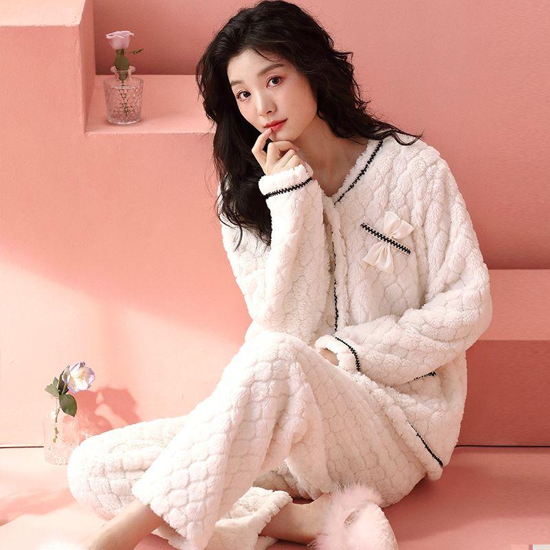 Coral Velvet Pajama Lady Autumn Winter Thickened Sweet Pure Wind Warm Flannel Luxury Outing Home Wear Set Comfortable Antistatic