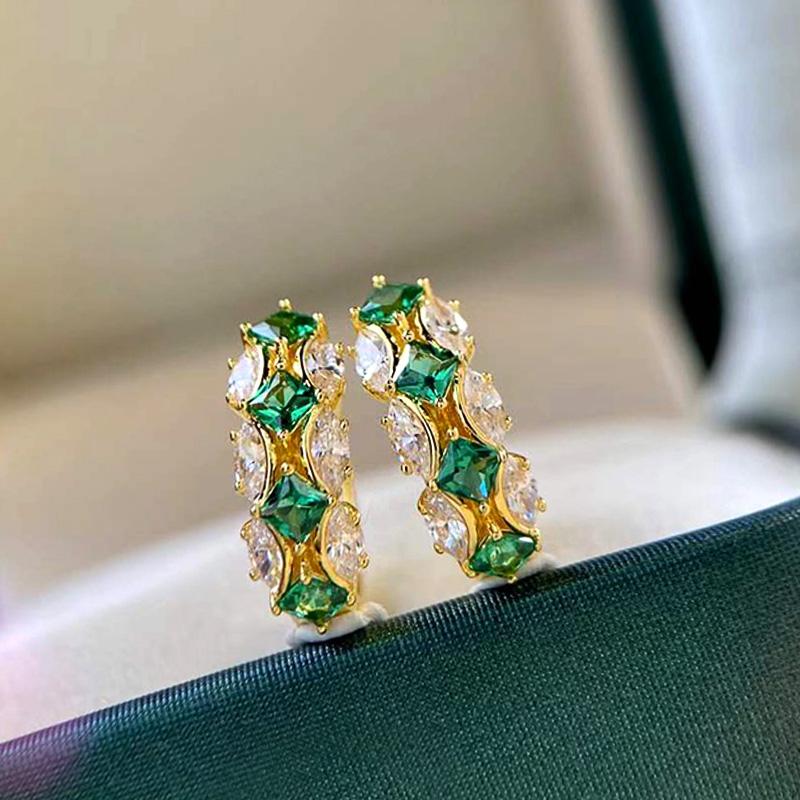 Huitan Hoop Earrings for Women Gold Color with Bright Green/White CZ Gold Color Elegant Party Wedding Trendy Accessories JewelryGood product