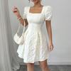 Women's Fashionable Color Square Neck Bubble Short Sleeved Dress With Temperament