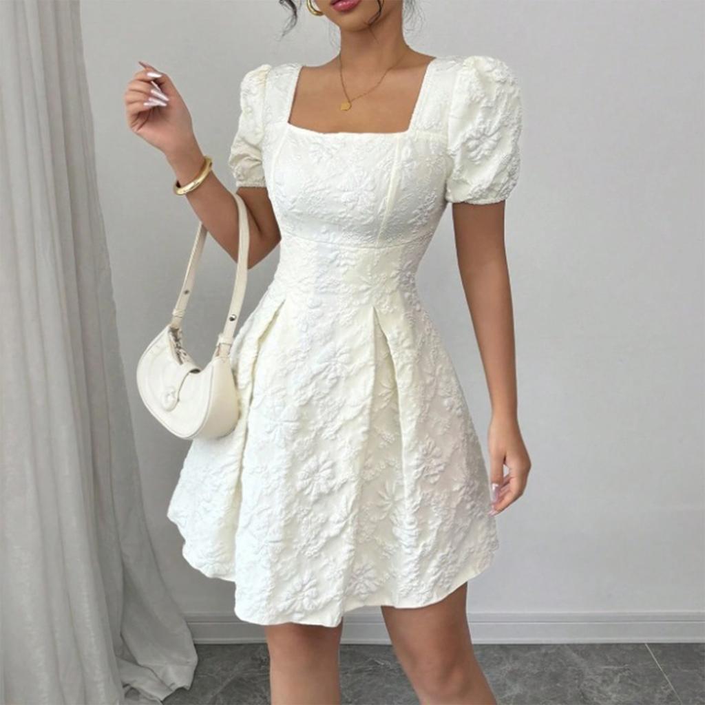 Women's Fashionable Color Square Neck Bubble Short Sleeved Dress With Temperament