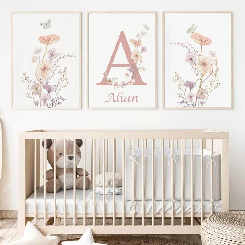 Personalized Name and Wildflower Canvas Painting Nursery Decoration Poster Picture Pink Floral Baby Girl Bedroom Wall Art Prints