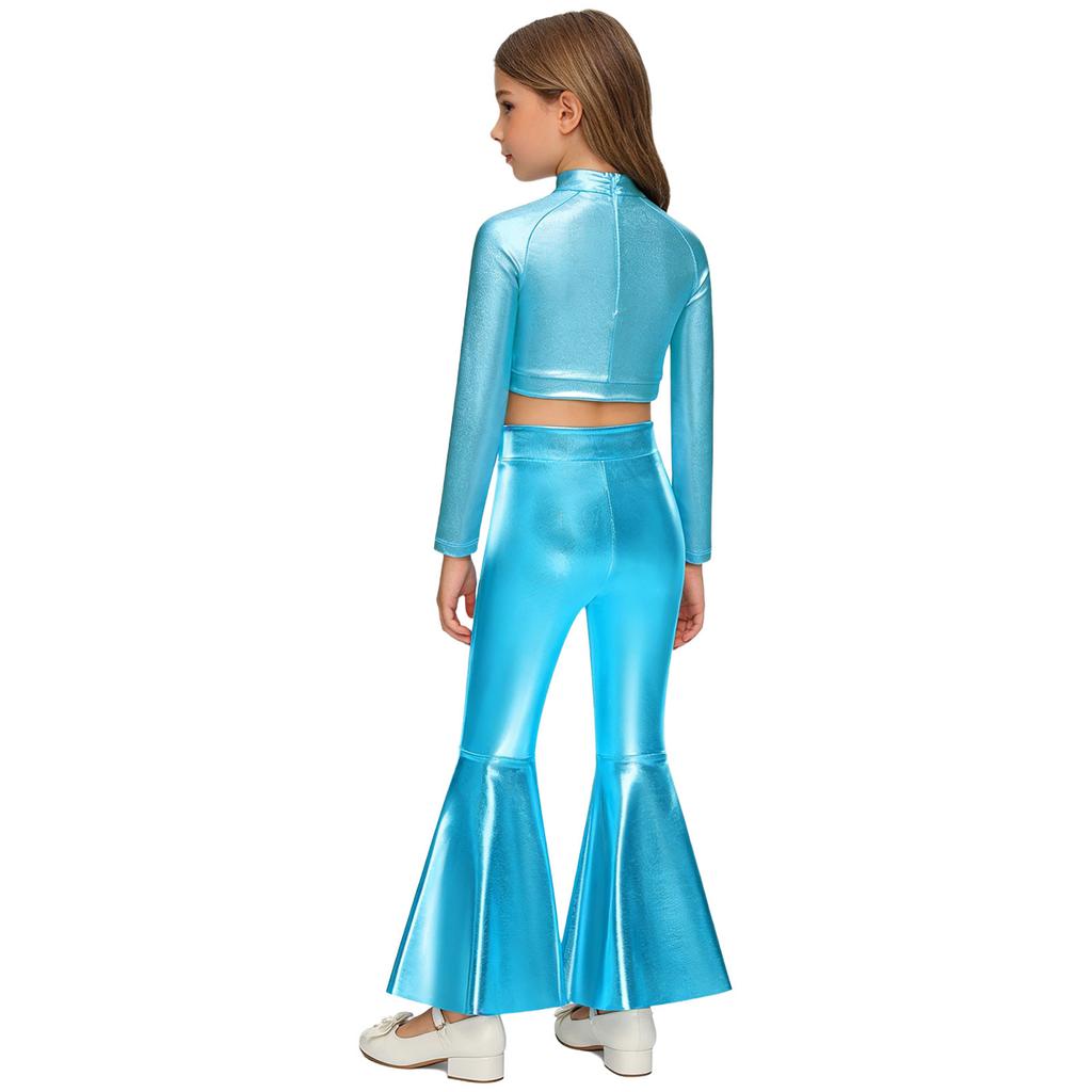 Girls Long Sleeve Sequin Metallic Crop Top Split Bell Bottom Shiny Pants Dance Performance Outfit