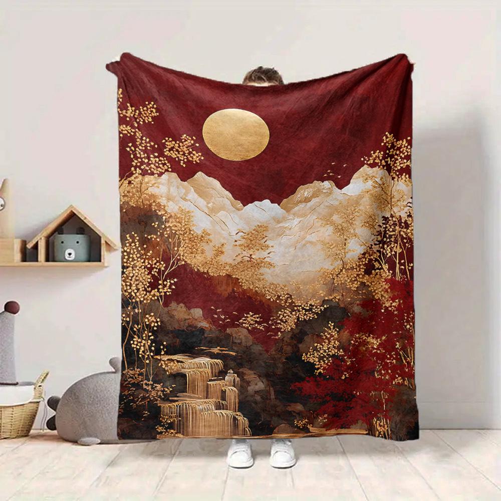 1pc Chinese Style Landscape Blanket, Lightweight Flannel Throw Blanket for Sofa, Bed, Travel, Camping, Living Room, Office, Couch040