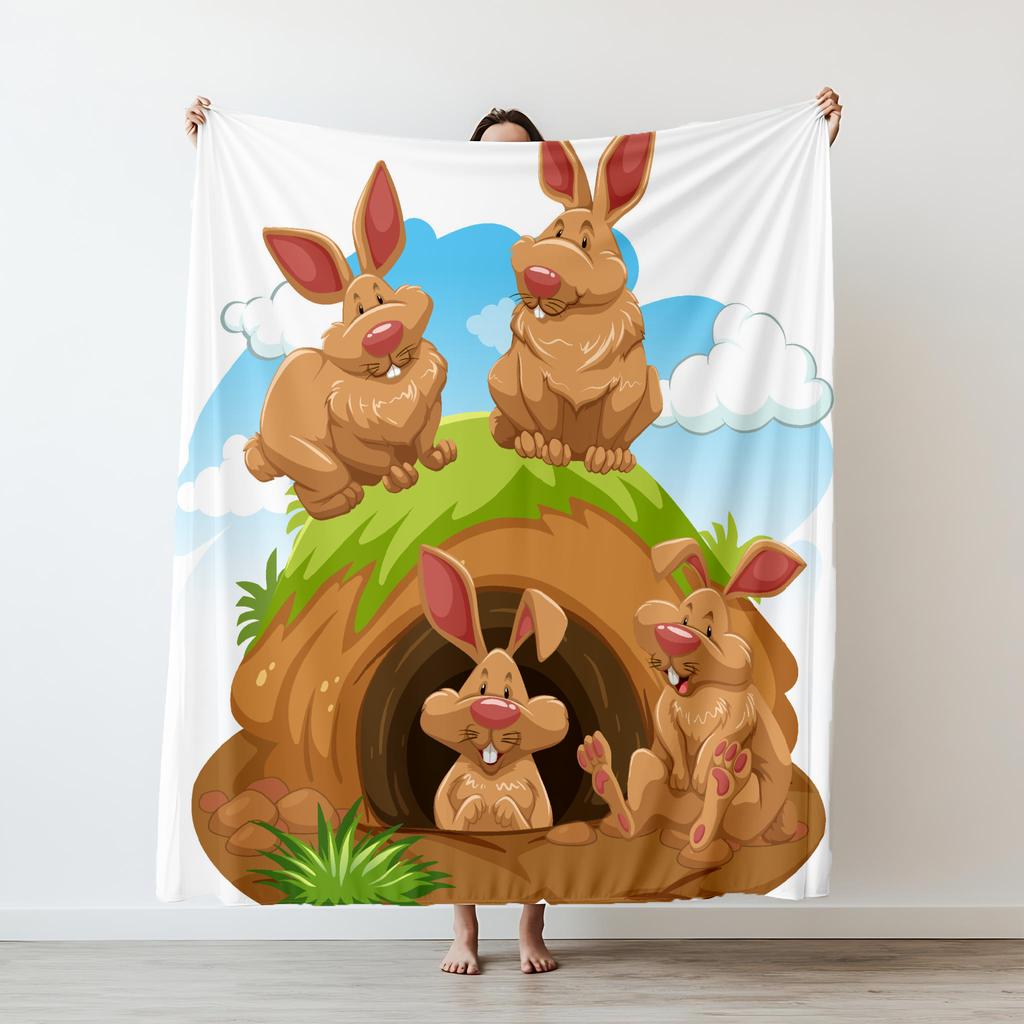 Cartoon Rabbits Happy Flannel Throw Printed Blanket Soft Warm Blanket Grain Blankets for Bedroom Couch Sofa