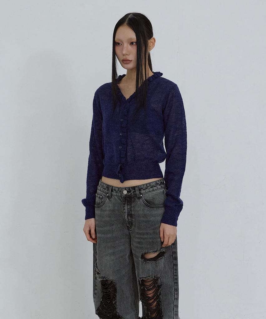 Uusoo Kid Mohair Lace V-Neck Cardigan_ Navy