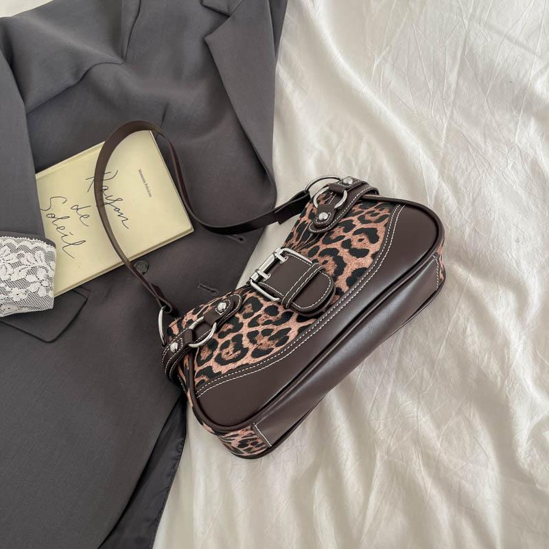 Vintage Ladies Underarm Single Shoulder Bag Retro Leopard PU Leather Handbag Women Fashion Brand Simple Female Armpit Purse