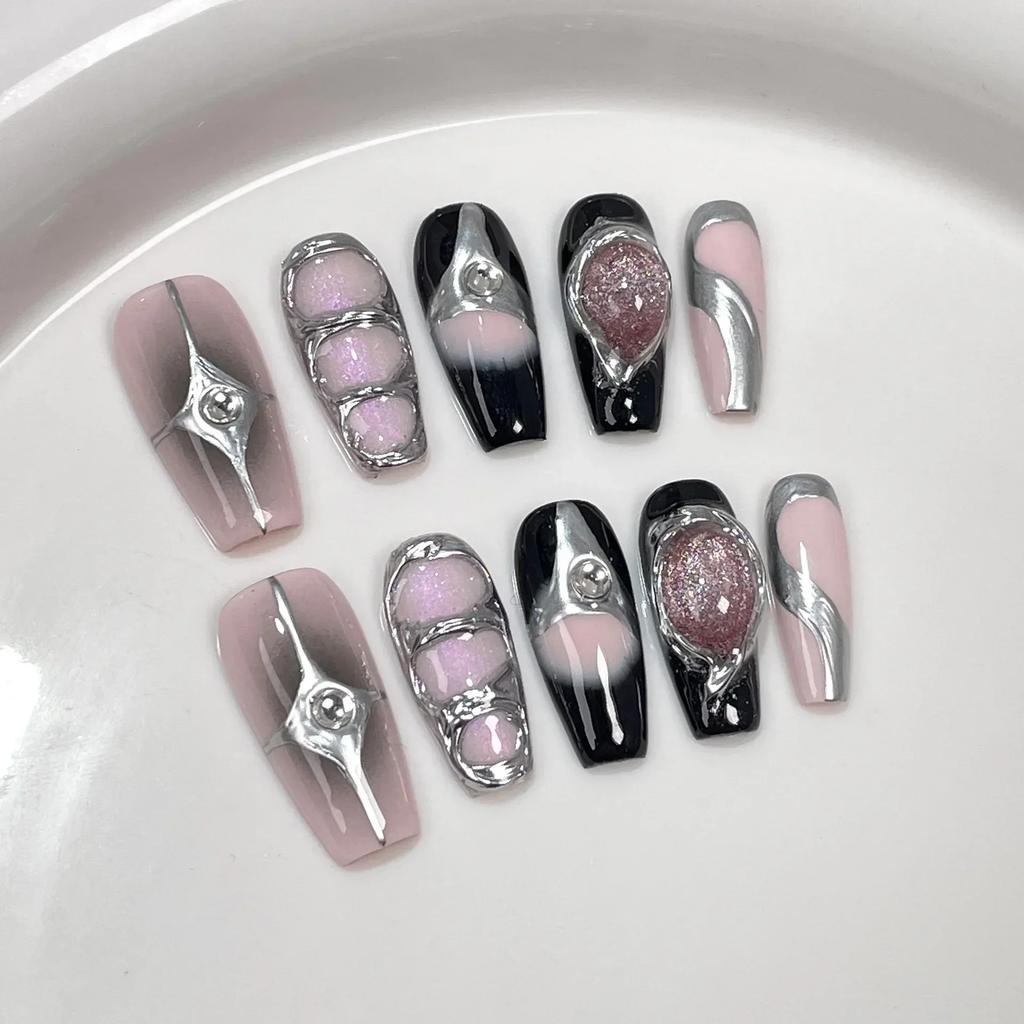 Short Blue Ocean Cat Eye Meteor Press On Nails Metallic Hand Painted Acrylic False Nails With Glue