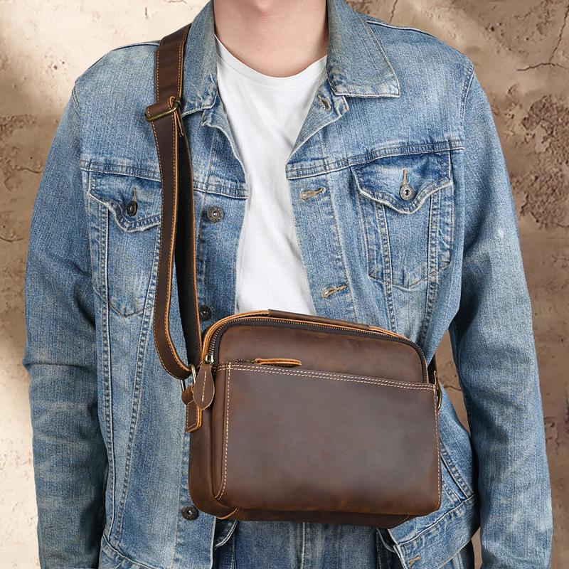 Retro Genuine Leather Men's Messenger Bag - Crazy Horse Sport Crossbody Shoulder Bag