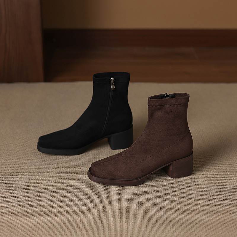 Krazing Pot Flock Round Toe Thick High Heels Chelsea Boots Zip Women Concise Style Ankle Boots