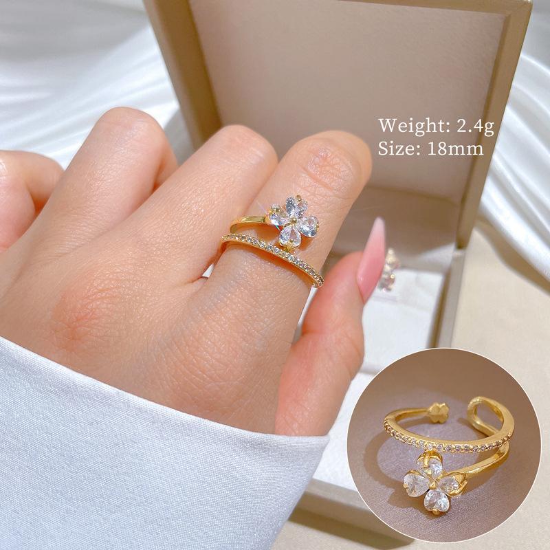 

[Real Gold] Lucky Flower Full Diamond Ring Opening Adjustable Simple Jewelry Japanese Ring Couple Ring opening adjustable