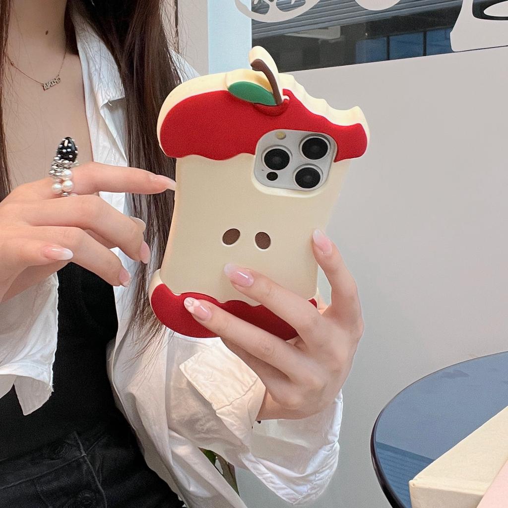 For iPhone 16 Pro Max Silicone Case Cute Eaten Apple Design Shockproof Phone Back Cover