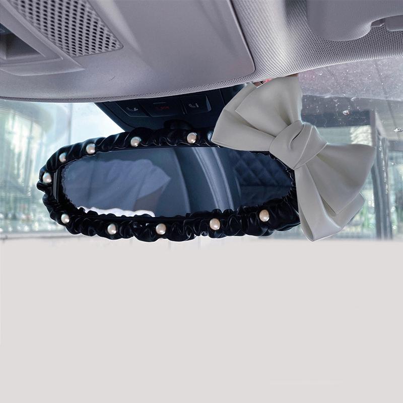 Fashion Pearl Bowknot Car Interior Rear View Mirror Cover Leather Auto Mirror Case Decoration Accessories For Women and