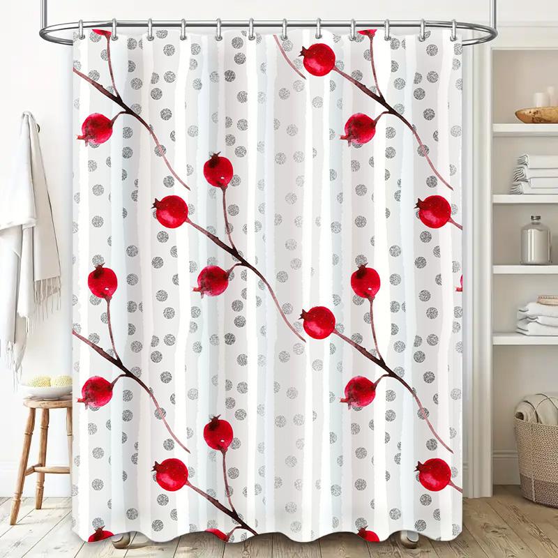 Modern Bathroom Decor Shower Curtain Set with Red Berry Floral Print White Polka Dot Polyester Watercolor Design for Home Bath D