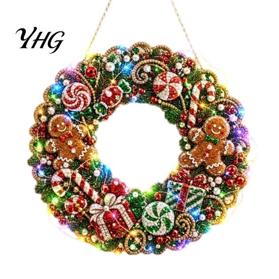Sparkling Gemstone Art Project DIY Acrylic Christmas Faux Pearl Hanging Kit, Lighted Wreath 3D Beaded Craft Bead Mosaic Kit with LED String