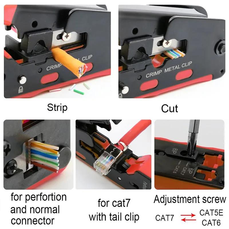 RJ45 Crimping Tool Pass CAT7 Through Ethernet for Cat6 Cat5 Cat5e Network Connector Wire Cutter Wire Stripper Ethernet Crimper