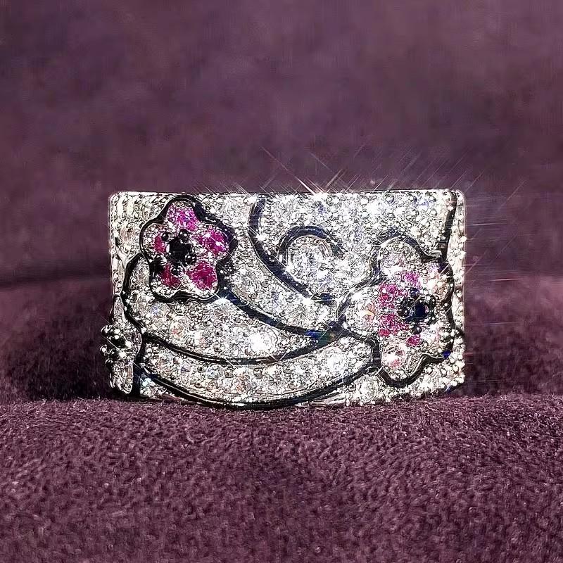 Huitan New Pink Flower Design Wide Rings for Women Brilliant Sparkling Cubic Zirconia Finger Accessories Romantic Party 9
