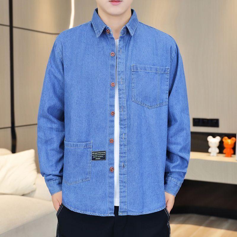 

Новая джинсовая рубашка с длинным рукавом для весны и осени, мужская повседневная рубашка, свободная мужская модная джинсовая куртка M синий