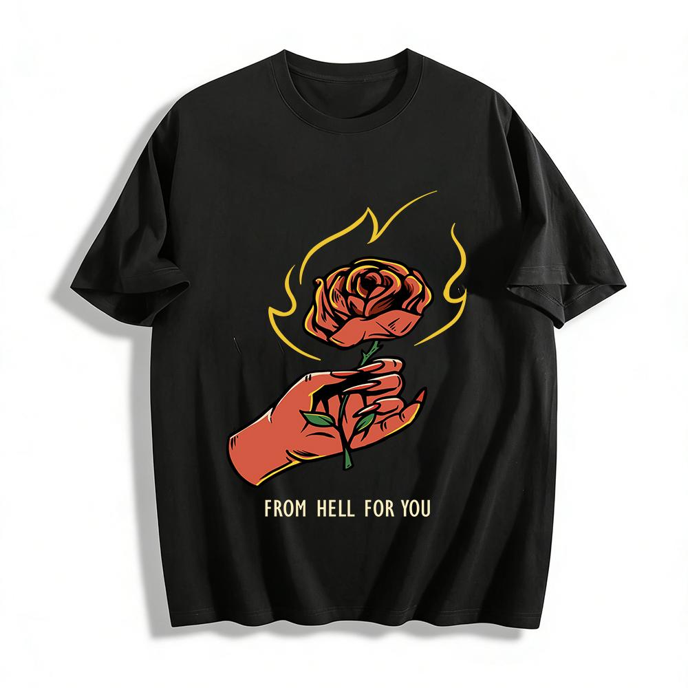 

Hell Fire Rose Print Edgy Cool Casual Short Sleeve Top Pure cotton T-shirt XXS