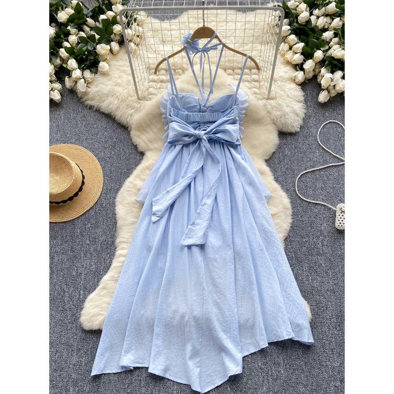 Pure Desire Style Sling Dress Women's Summer Wear New Design Sense Pleated Tube Top Halterneck Waist-Tight Asymmetrical Chiffon Dress