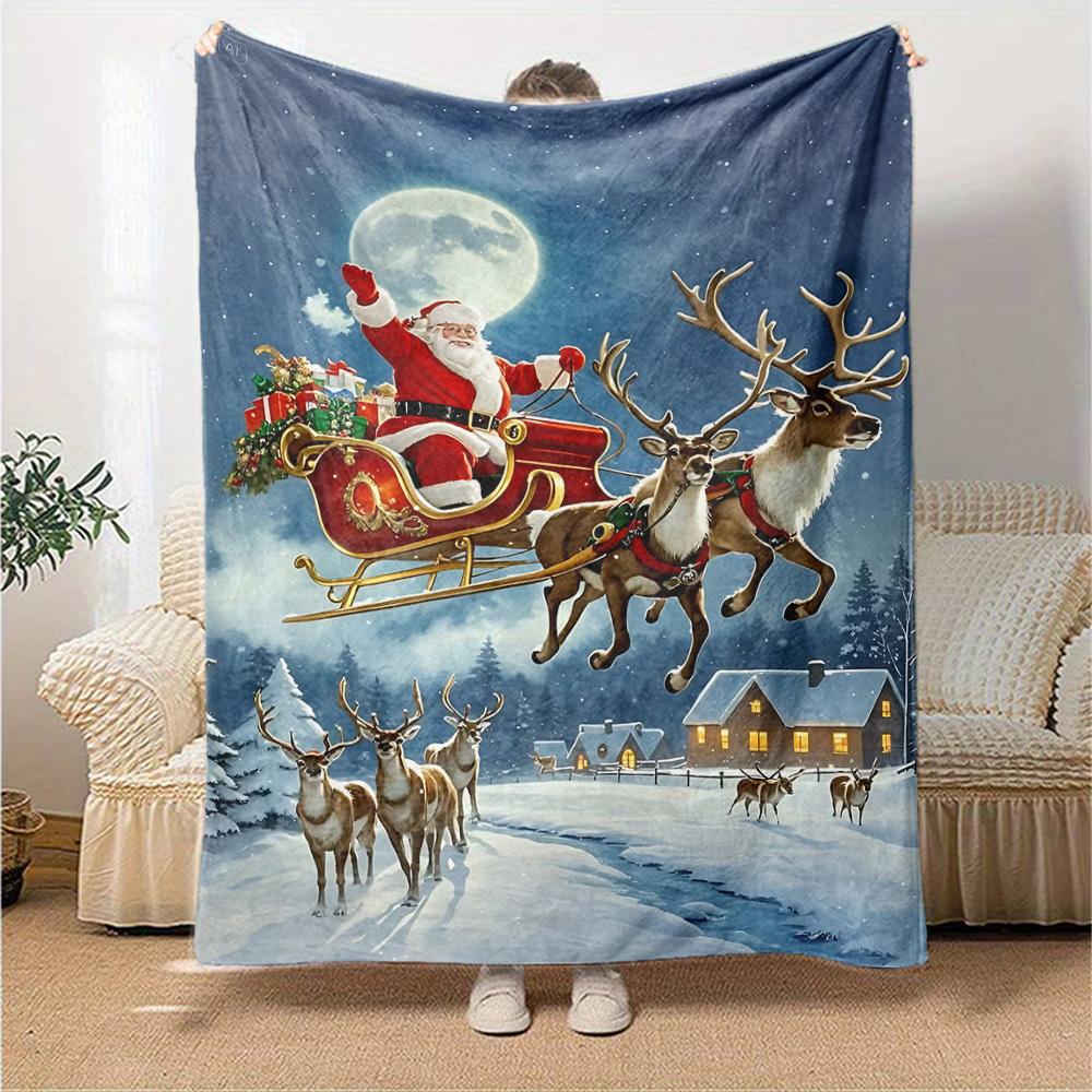 1pc Santa Claus, reindeer sleigh blanket Lightweight Flannel Throw for Sofa Bed Travel Camping Livingroom Office Couch Chair