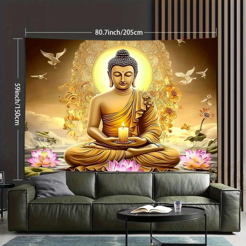 Buddha Tapestry, Meditating Buddha with Candle and Lotus Flowers, Spiritual Art Wall Hanging for Home Meditation Room Decor