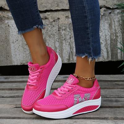Sportschuhe mit dicker Sohle und Schnürung aus Mesh für Damen, niedrig geschnittene, atmungsaktive Einzelschuhe aus Biskuit