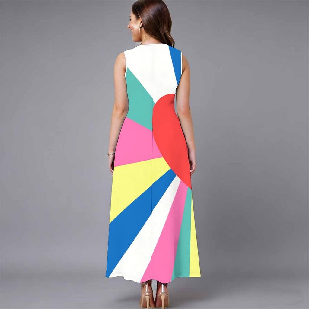 Ladies Oversized Sleeveless Crew Neck Dress Vivid Mixed Tropical Foliage Flowy Calf Length Gown