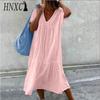 HNXC Women's Fashion Summer Spring Solid Color Print Short Sleeve V-Neck High Waist Casual Dresses