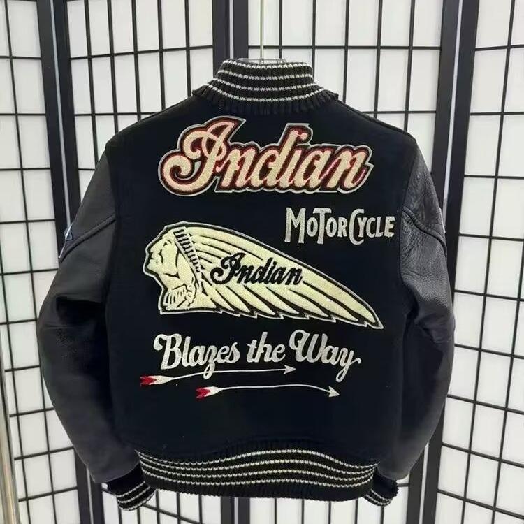 

Unisex Retro Indian Chief Embroidery Baseball Jacket - Trendy High Street Casual Style Large чорний