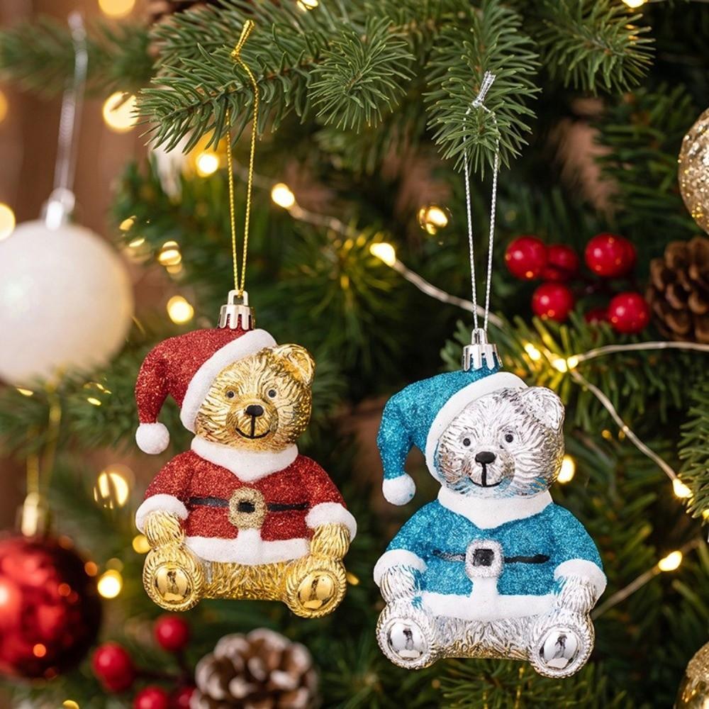 Electroplated Finish Christmas Bear Ornament Glitter Coated Xmas Tree Charm Window Display